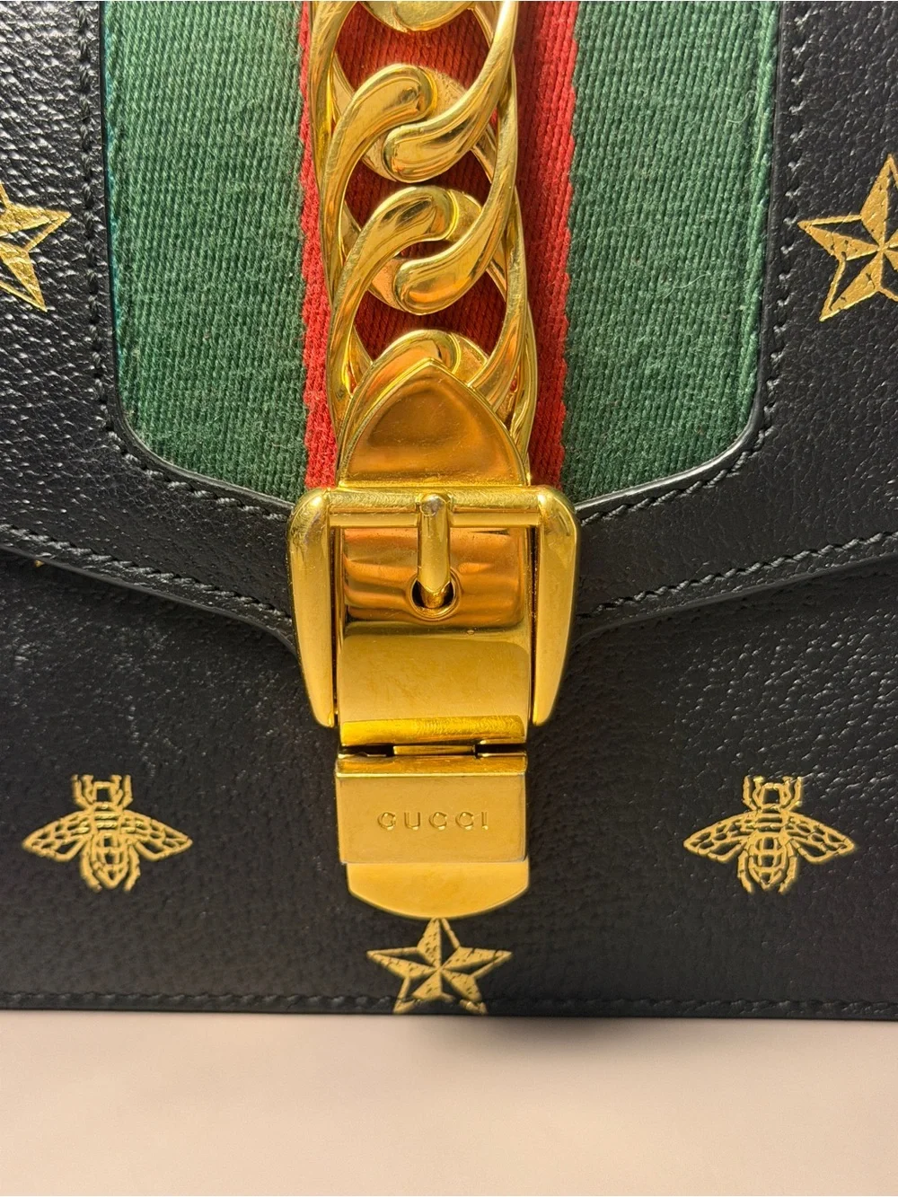Gucci Sylvia Bee Black Leather Shoulder Bag with Green-Red Web and Gold Hardware